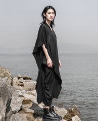 Women V-Neck Asymmetrical Loose Pleated Casual Dress
