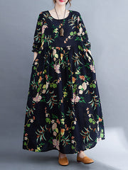 Round Neck Long Sleeve Floral Printed Retro Maxi Dress