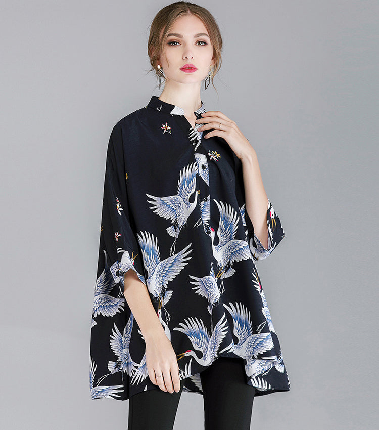 Crane Print Loose Oversized Shirt