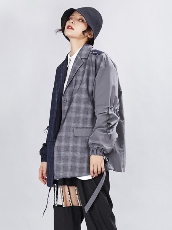 Original Vintage Plaid Split-joint Asymmetric Women Suit