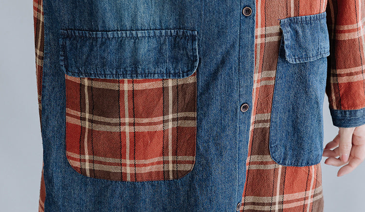 Literary Denim Plaid Stitching Mid-Length Shirt