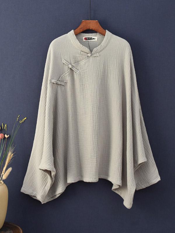 Vintage Solid Color Loose Button Bat Sleeve T-Shirt