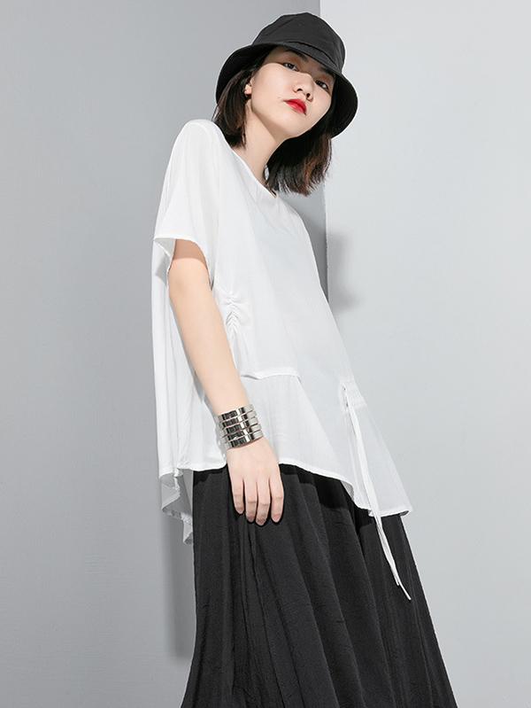 Simple Split-Joint Solid Lace-Up T-Shirt