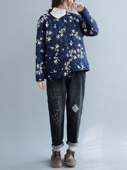 Women Round Neck Print Loose Casual Coat