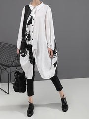 Loose Printed Lapel Mid-Length Shirt