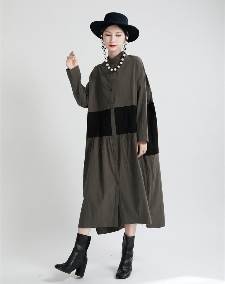 Stitching Contrast Color Loose Big Swing Long Sleeve Dress