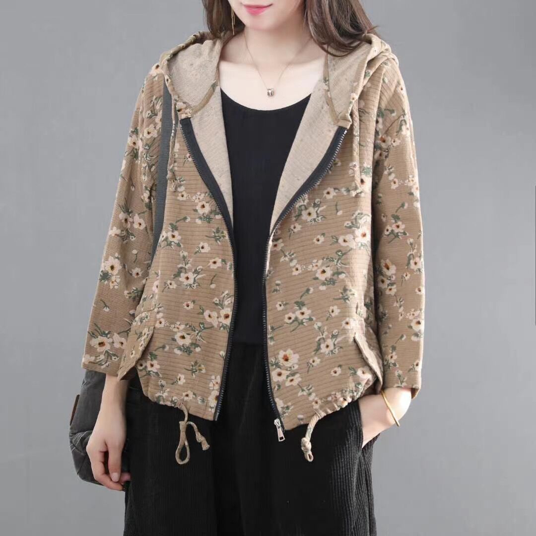 Women Hooded Printed Zip Drawstring Coat