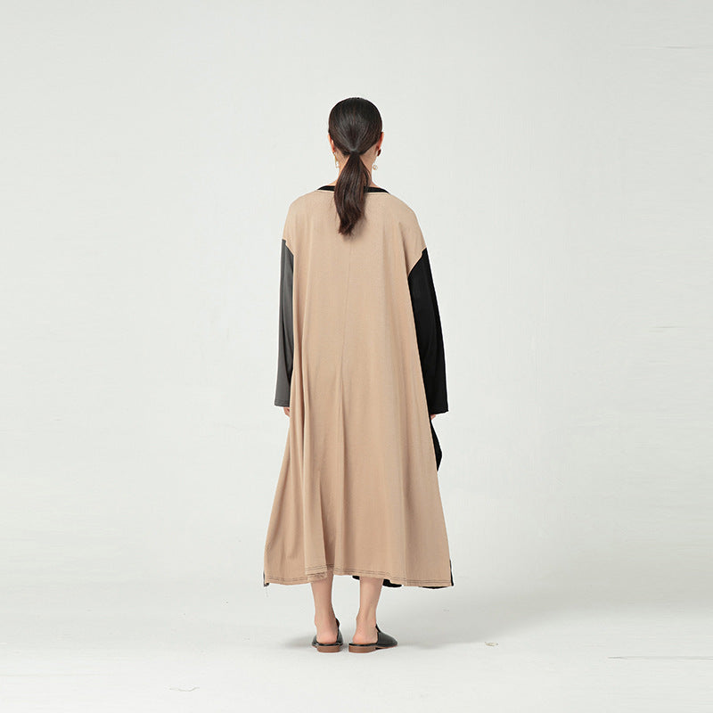 Loose Contrasting Irregular Stitching Knitted Midi Dress