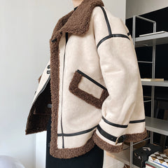 Women Lapel Color Block Casual Coat