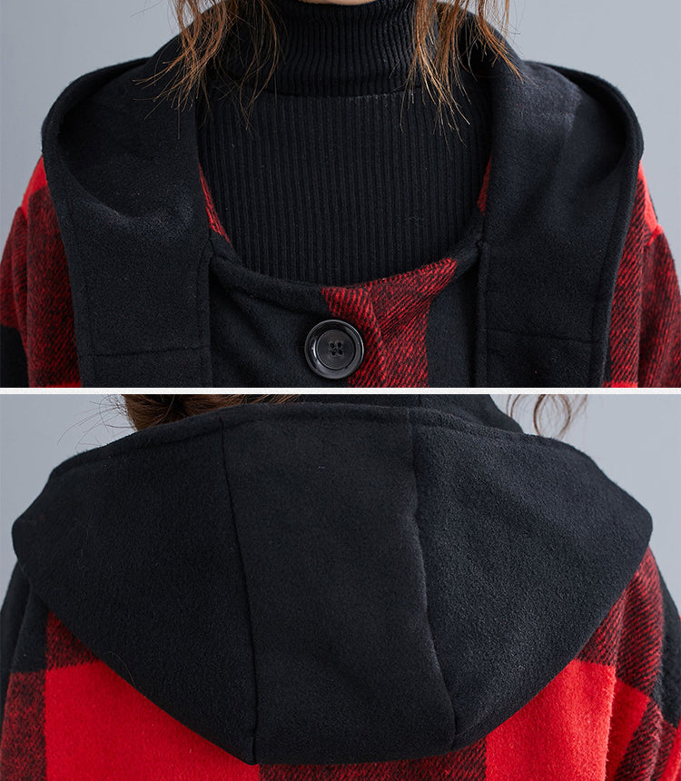 Hooded Thick Woolen Plaid Loose Long Coat