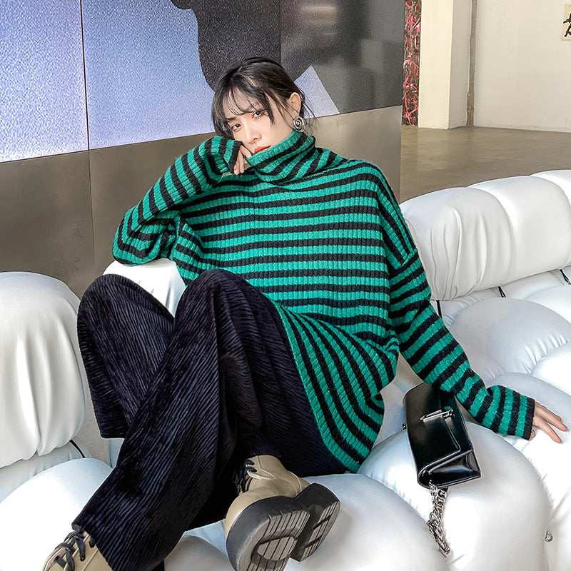 Urban Loose Striped High-Neck Sweater