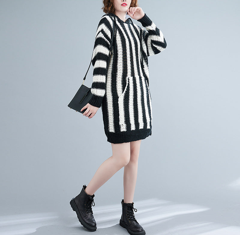 Loose Striped Hooded Knitted Mini Dress