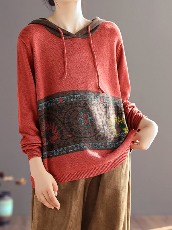 Color Block Print Hooded Sweater