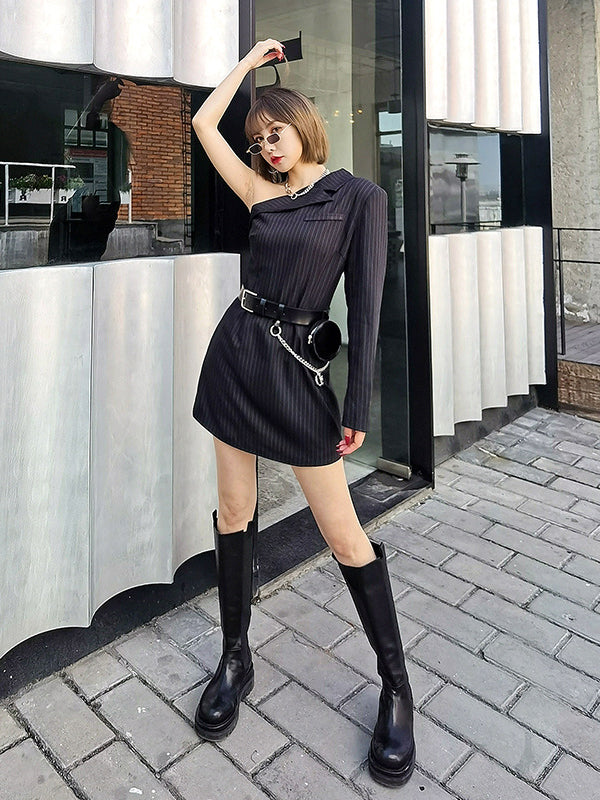 Women Striped One Shoulder Waist One Piece Dress