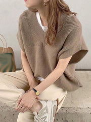 Loose Solid Color Knitted V-Neck Wasitcoat