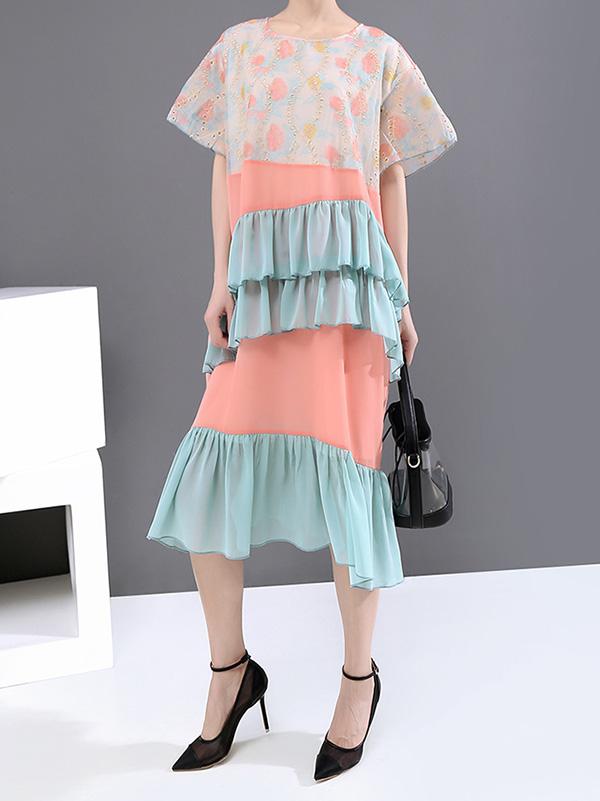 Loose Contrast Color Falbala Round Neck Dress