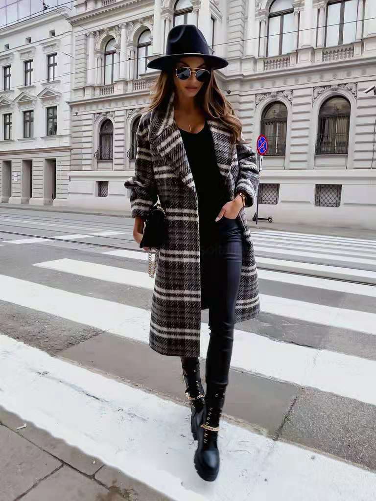 Classic Plaid Lapel Collar Midi Outerwear