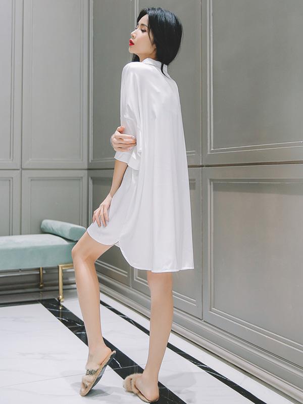 White Loose Short Sleeves Ice Silk Shirt Pajamas