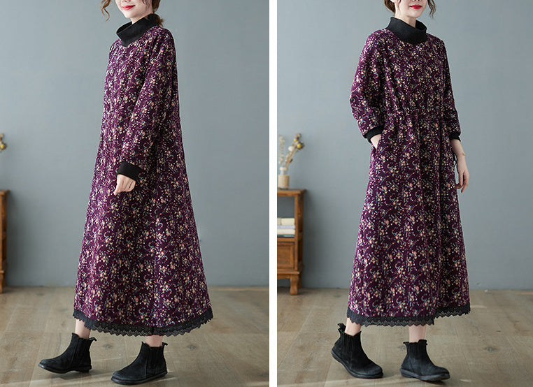 Patchwork Collar Floral Lace-Up Long Midi Dress