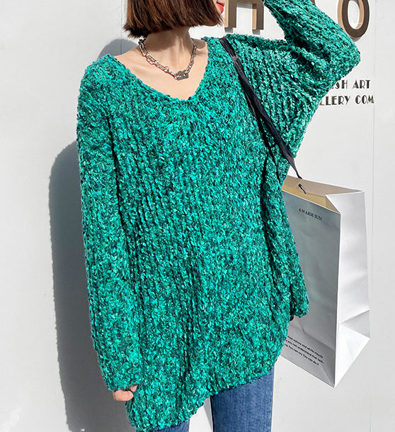 Loose V-Neck Long Sleeve Solid Color Knitted Sweater