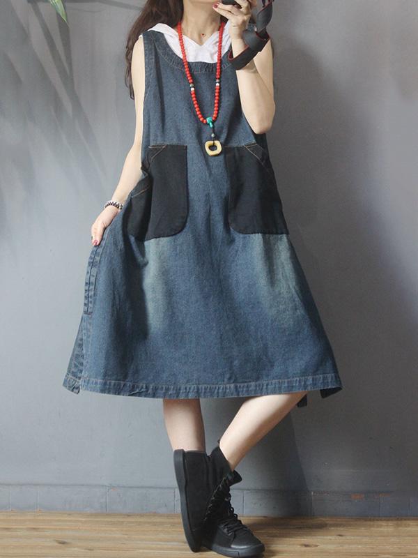 Vintage Pocket Splicing Sleeveless Jean Dress