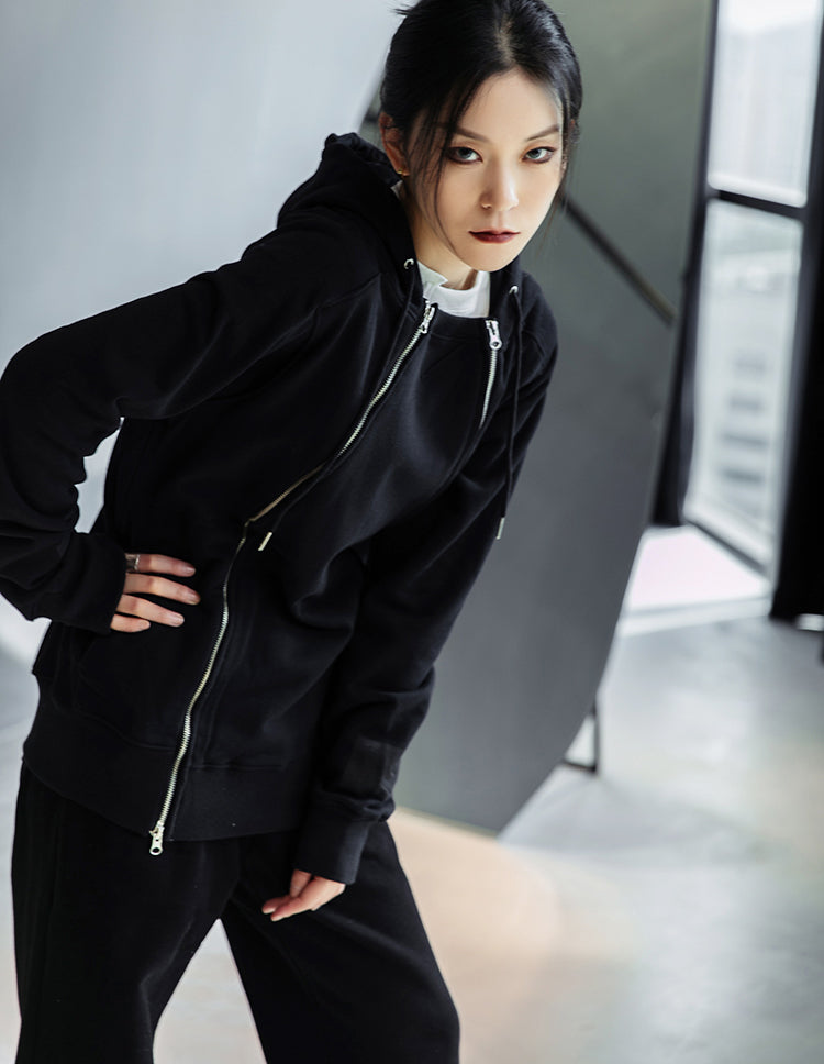 Double Zipper Design Casual Hooded Sweatshirt