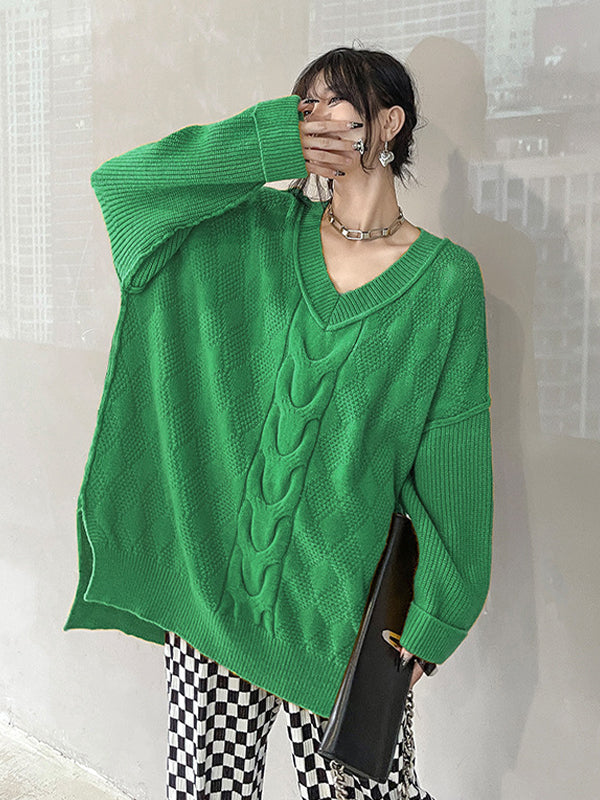 Lazy V-Neck Loose Knit Sweater