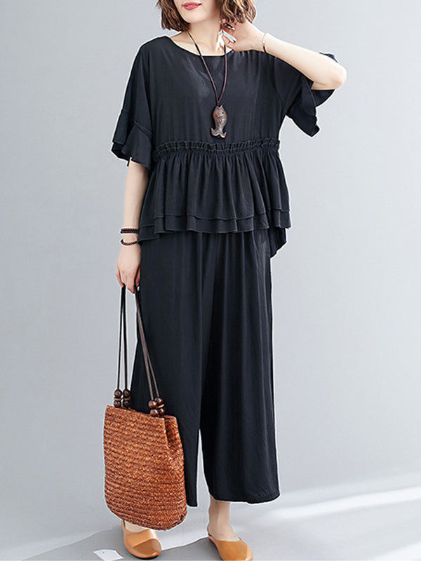 Two Pieces Loose Solid Blouse And Wide Leg Pants
