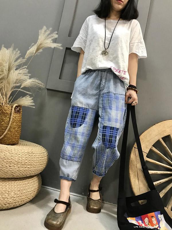 Plaid Splicing Loose Jean Cropped Harem Pants