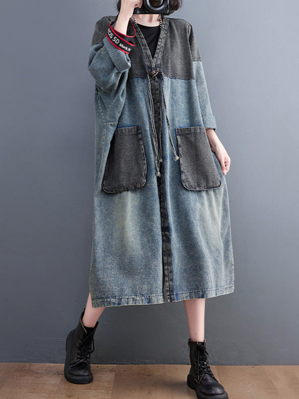 Artistic Retro Denim Long Sleeves Loose Tied Split-Joint Trench Outerwear