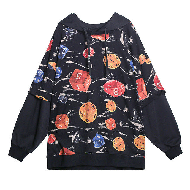 False Two Printed Loose Hooded Sweatshirt