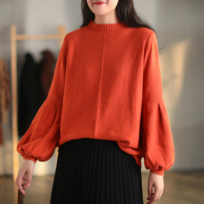 Women Solid Color Retro Loose Round Neck Sweater