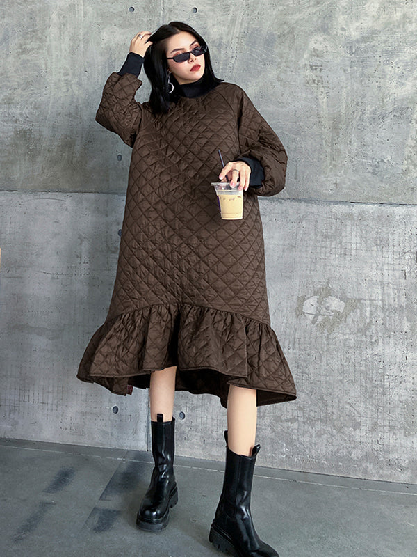 Casual Ruffled Solid Color Plaid Midi Dress