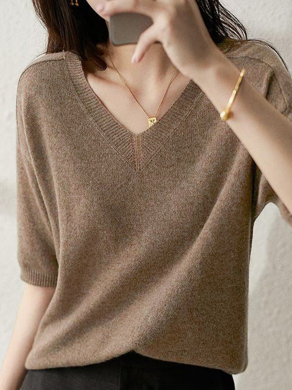 Loose Solid Color Half Sleeve Knitted Sweater