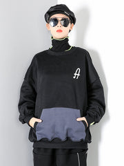 Women Plus Velvet Pullover Stitching Sweatshirt