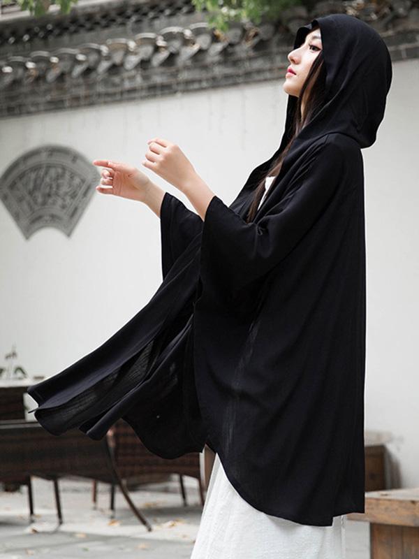 Simple Solid Loose Batwing Sleeve Hood Cape