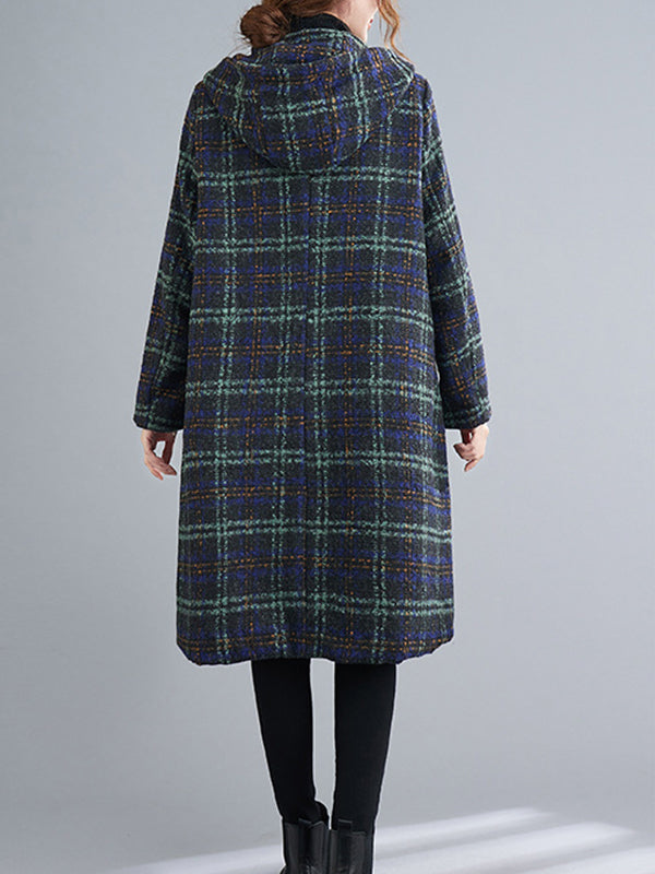 Coil Button Hooded Plaid Coat