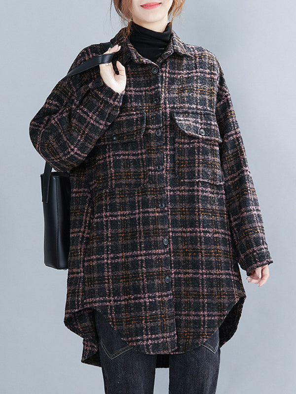 Large Size Loose Mid-Length Plaid Thick Woolen Coat