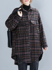 Large Size Loose Mid-Length Plaid Thick Woolen Coat