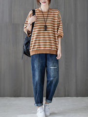 Women Striped Loose Casual Crew Neck Sweater