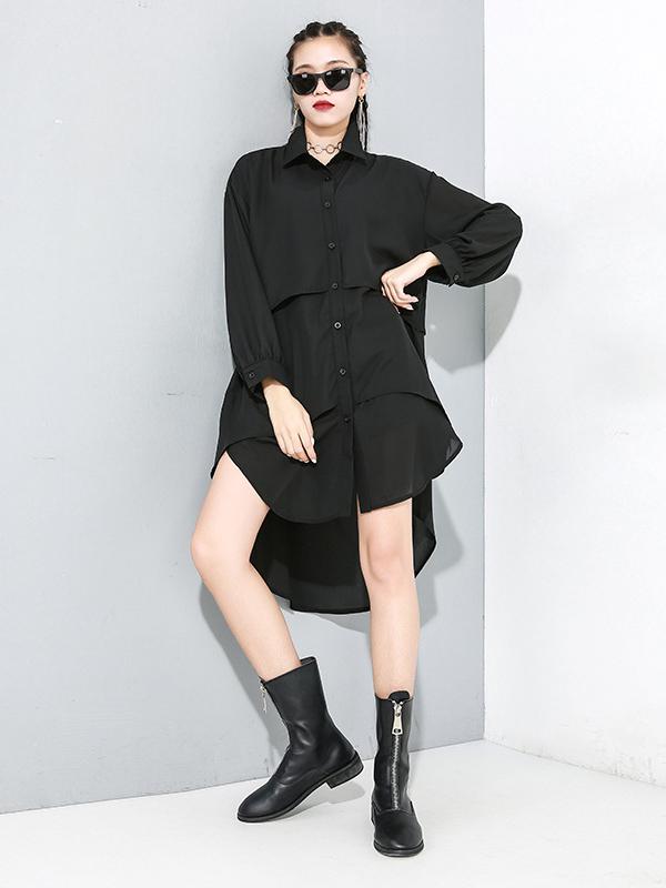 Black Cropped Splicing Lapel Long Shirt