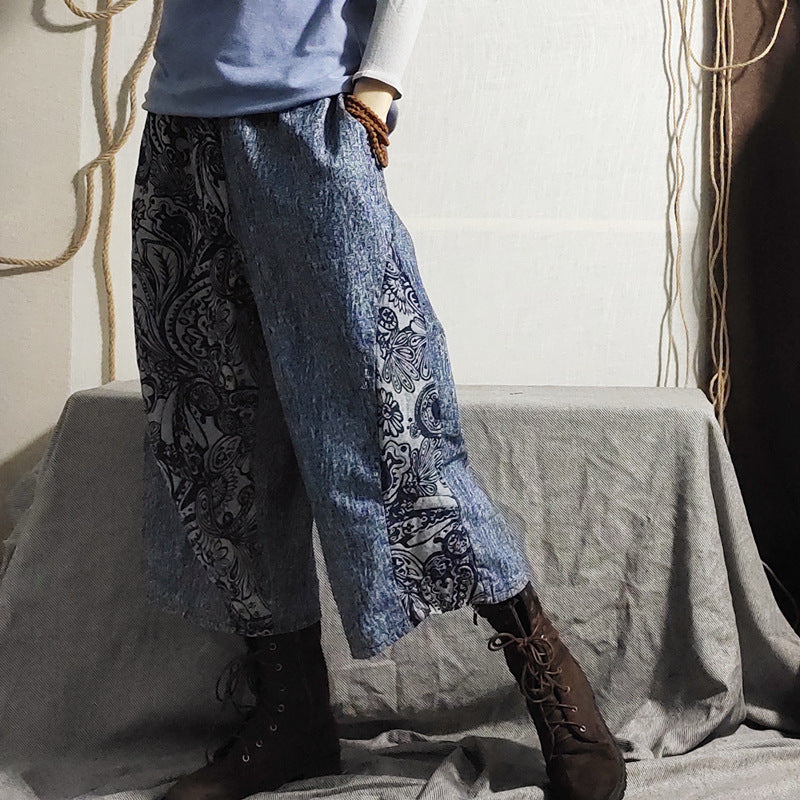 Denim Stitching Print Wide Leg Pants