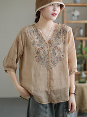 Vintage Embroidery V Neck Short Sleeve Thin T-Shirt