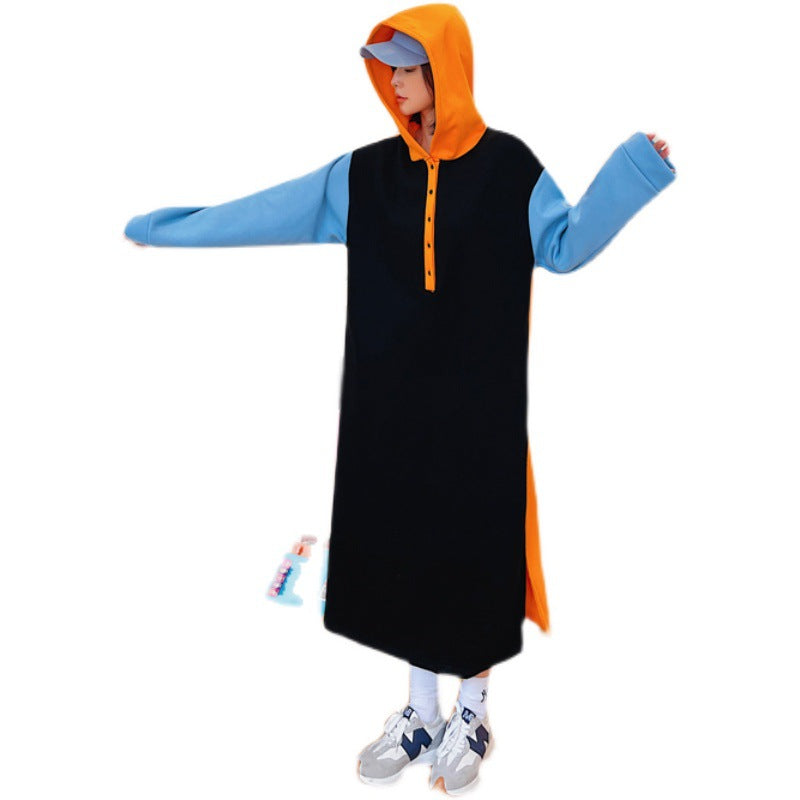 Loose Plus Size Contrast Color Hooded Midi Dress