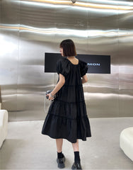 Puff Sleeves Solid Summer Short Sleeves Midi Dress