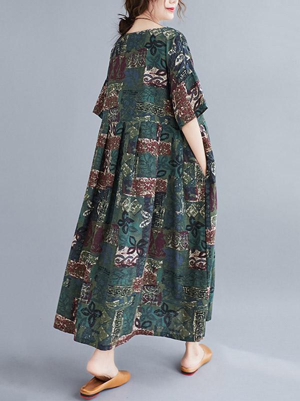 Artistic Retro Printed Round-Neck Dress