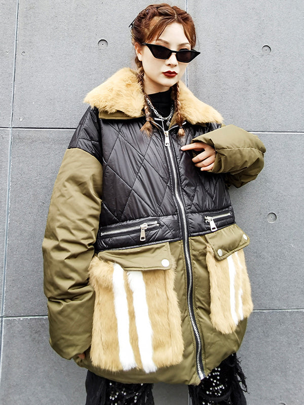 Women Stitching Contrast Color Lapel Casual Coat