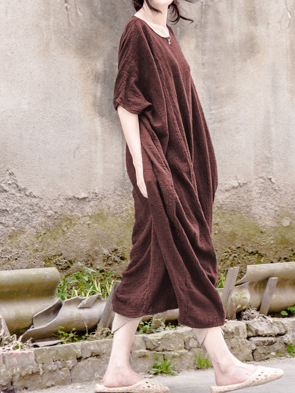 Women Solid Color Round Neck Loose Casual Dress