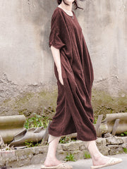 Women Solid Color Round Neck Loose Casual Dress