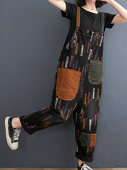 Retro Print Loose Big Pocket SuspendersCcasual Pants